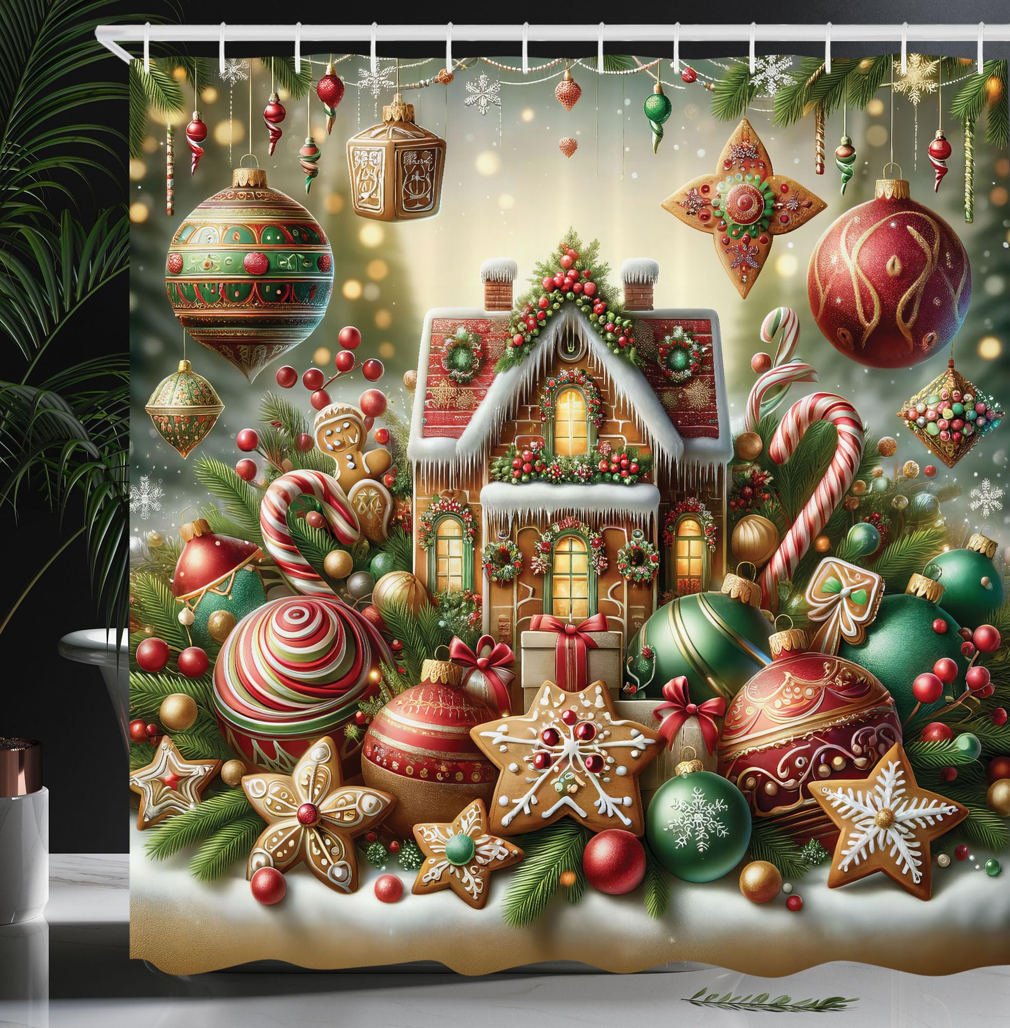 Ambesonne Christmas Shower Curtain, Gingerbread House With Jumble Xmas Ornaments With Snowy Details, Cloth Fabric Bathroom Decor
